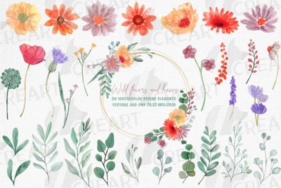 Watercolor Wild Flowers, Green Leaves Design Assets